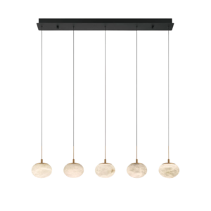 Modern 5-light linear pendant with alabaster-like globes suspended from a black rectangular canopy, featuring gold accents—ideal for kitchen islands or dining areas. Shop Norburn Lighting