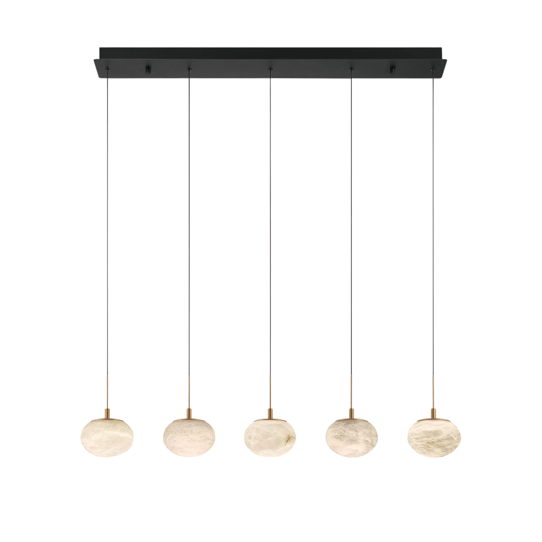 Modern 5-light linear pendant with alabaster-like globes suspended from a black rectangular canopy, featuring gold accents—ideal for kitchen islands or dining areas. Shop Norburn Lighting