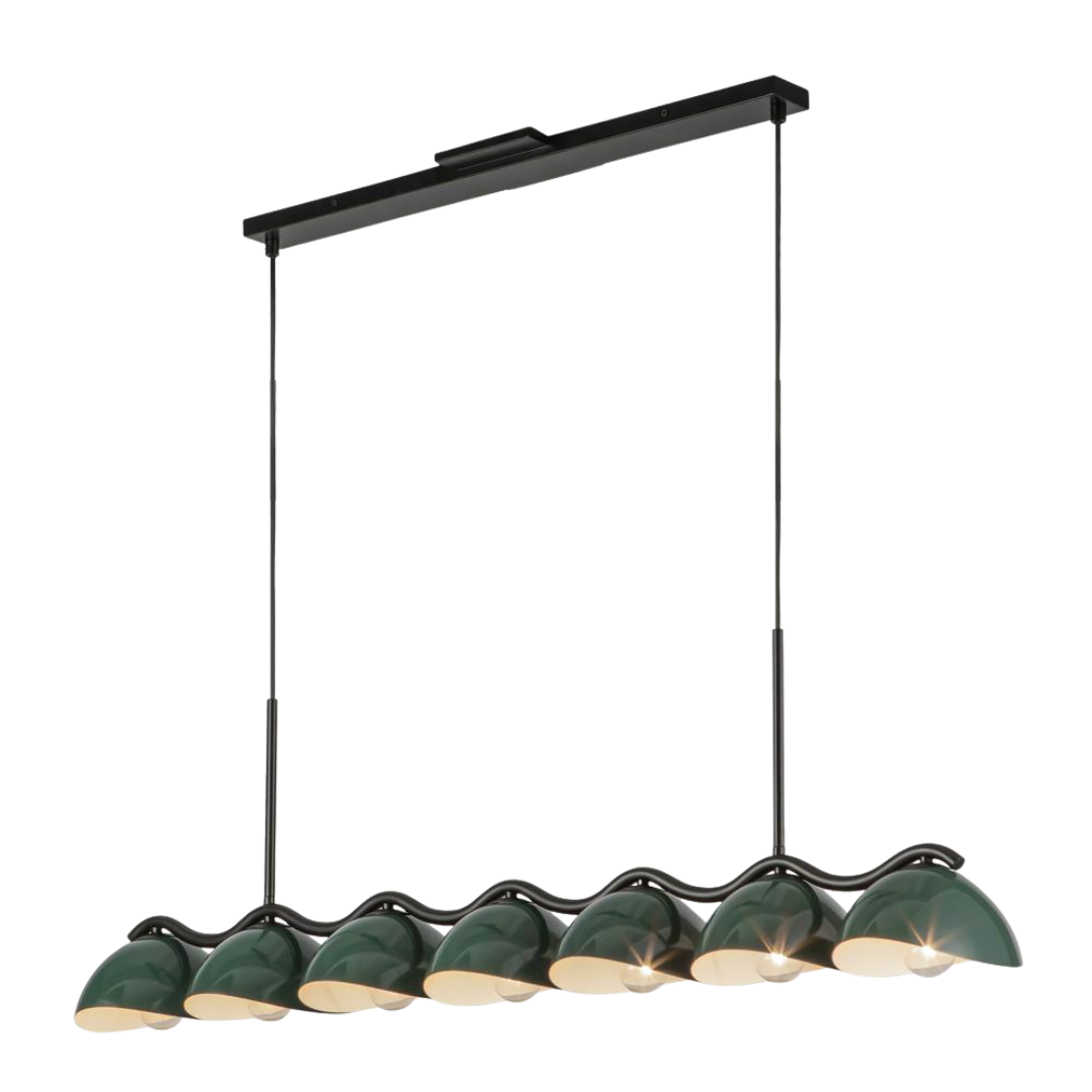 Modern linear pendant light with eight deep green dome shades and a wavy black frame—perfect for kitchen islands, dining rooms, or contemporary interiors.