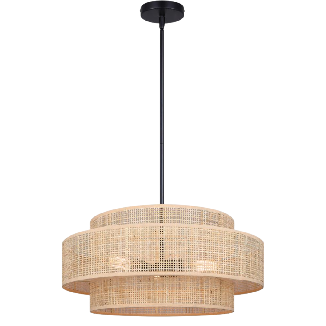 Boho-style pendant light with layered natural rattan shades and black downrod—ideal for coastal, farmhouse, or Scandinavian-inspired interiors