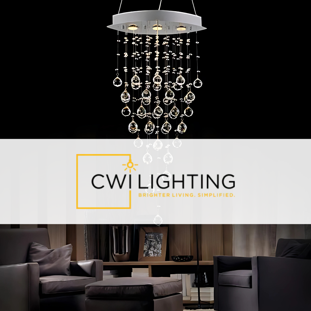 WI Lighting crystal chandelier with cascading glass drops, featured in a modern living room with dark armchairs and a dramatic black backdrop