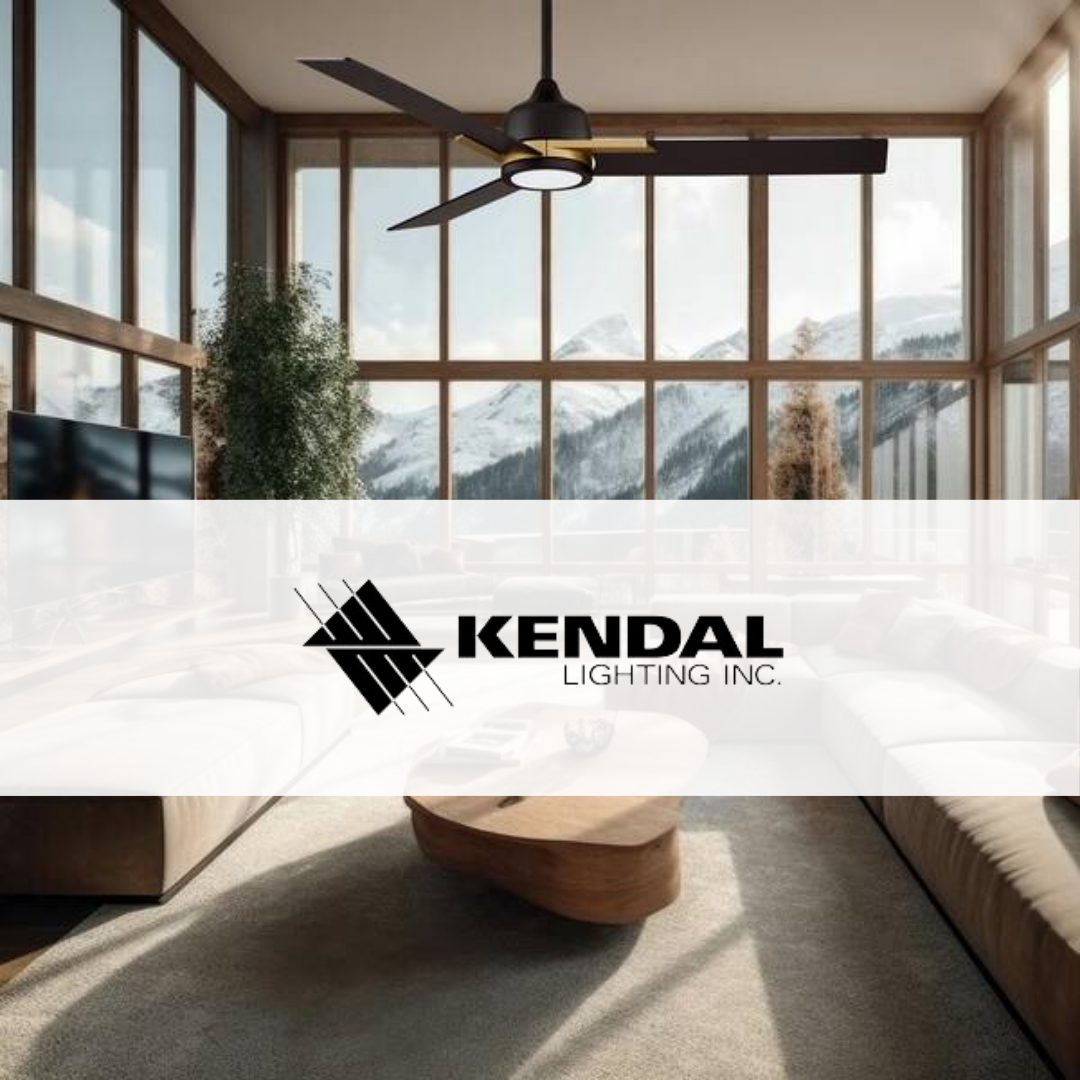 Kendal Lighting ceiling fan with integrated LED light in a modern living room with floor-to-ceiling windows and mountain views
