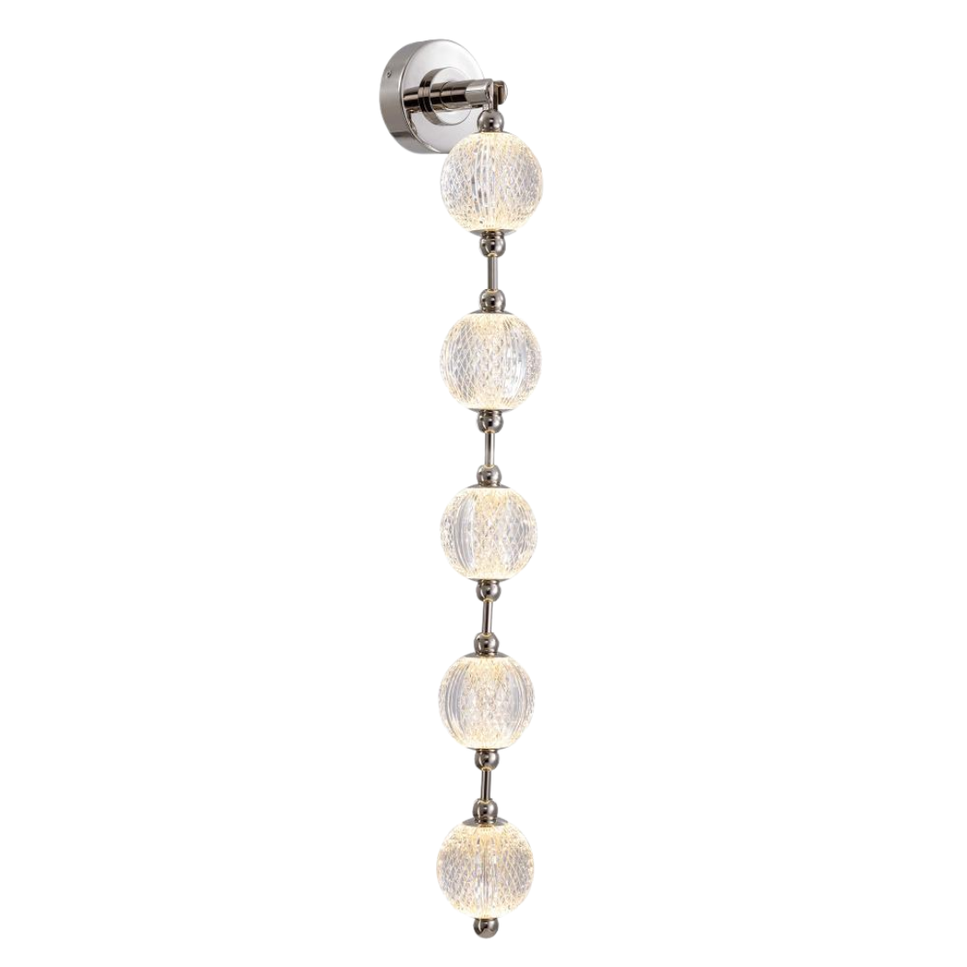Vertical wall sconce with five textured glass globe lights and polished chrome accents—ideal for hallways, modern bathrooms, or statement lighting.
