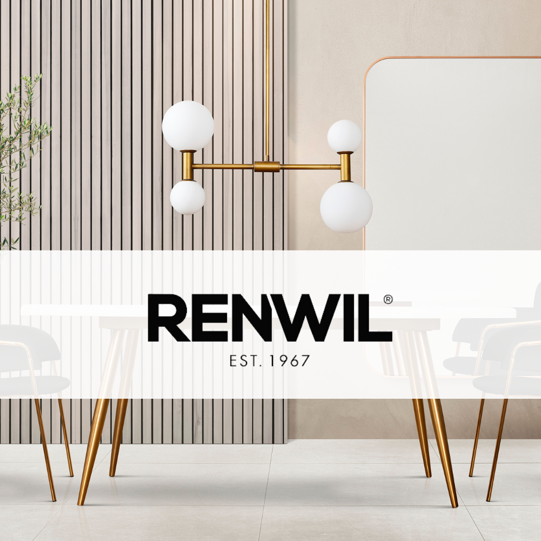 Contemporary gold and white globe chandelier by Renwil suspended above a stylish modern dining area with gold-accented furniture and neutral tones
