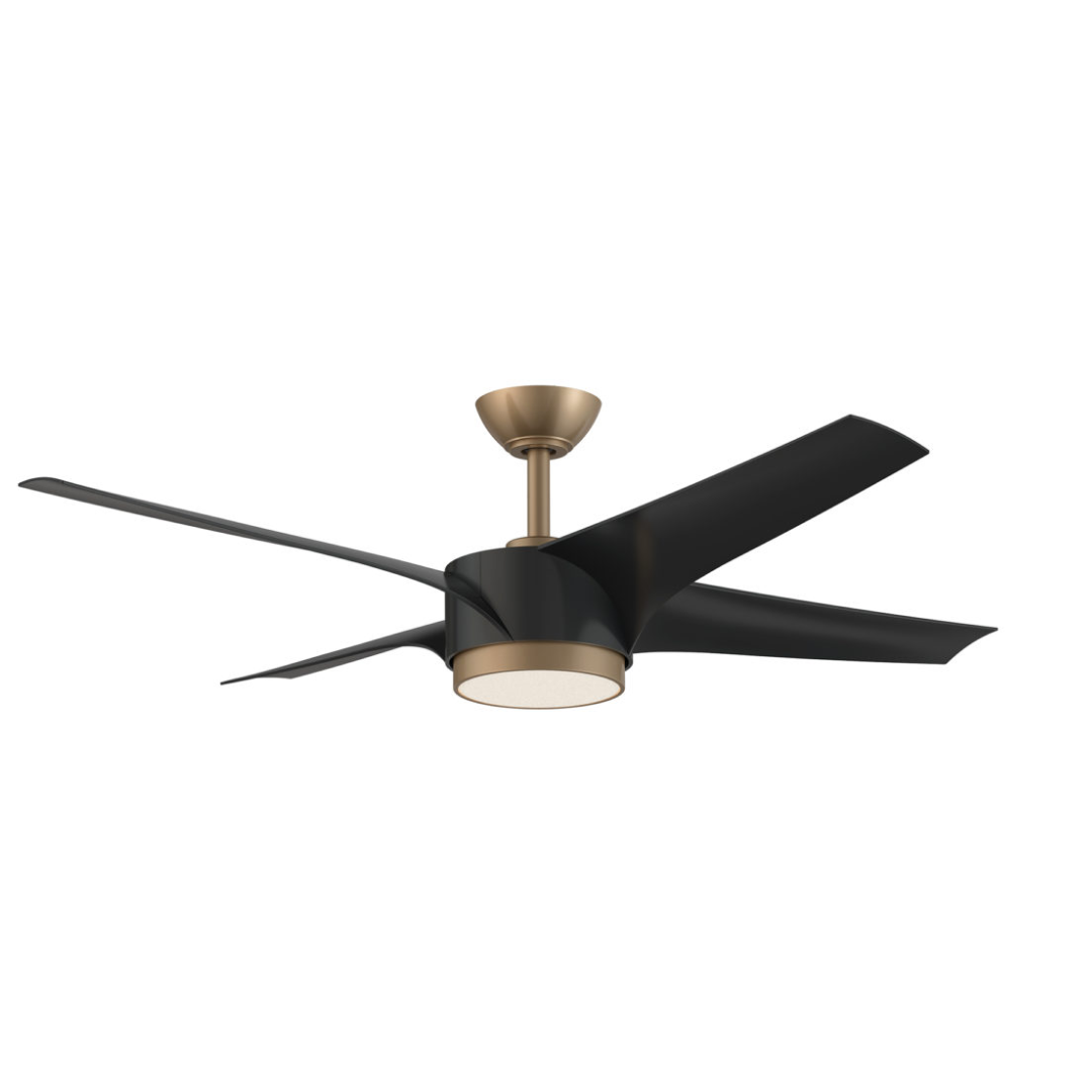 Modern ceiling fan with four sleek black blades, integrated LED light, and a brushed brass finish—ideal for contemporary living rooms or bedrooms Shop Norburn Lighting