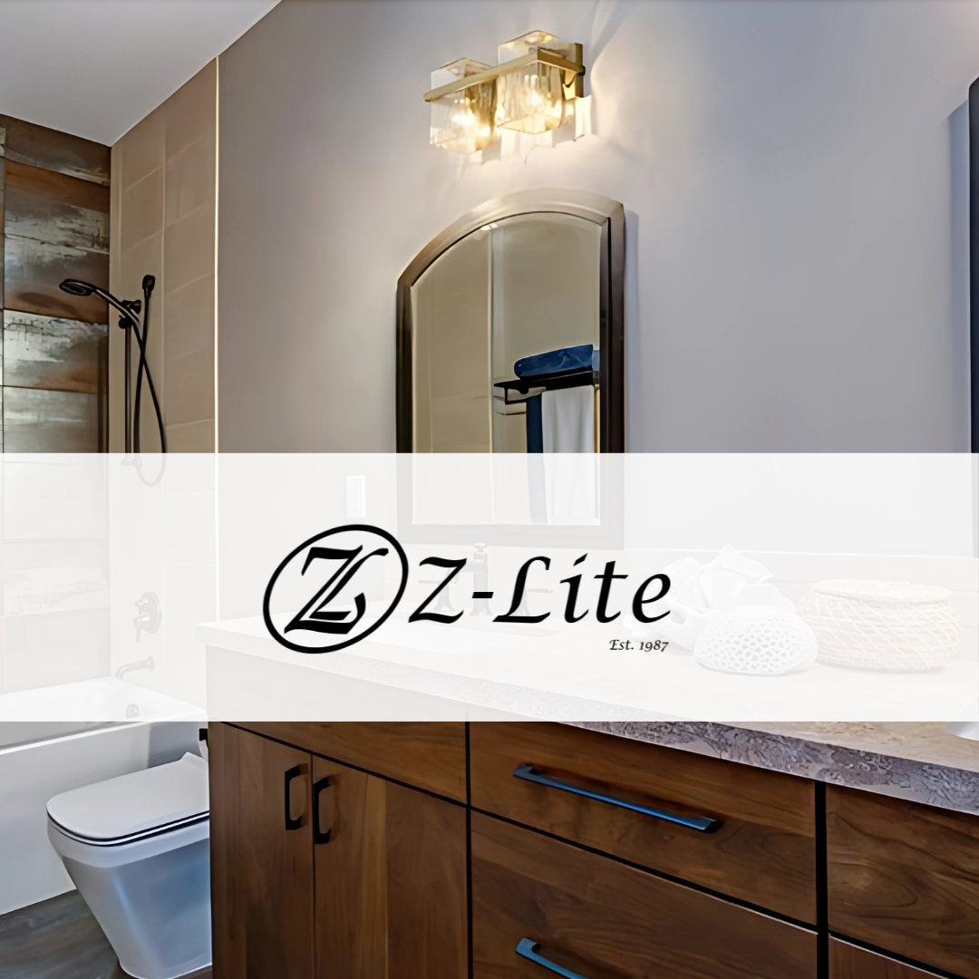 Z-Lite crystal wall sconce with brass finish installed above a mirror in a modern bathroom featuring warm wood cabinetry, a stone countertop, and a walk-in shower
