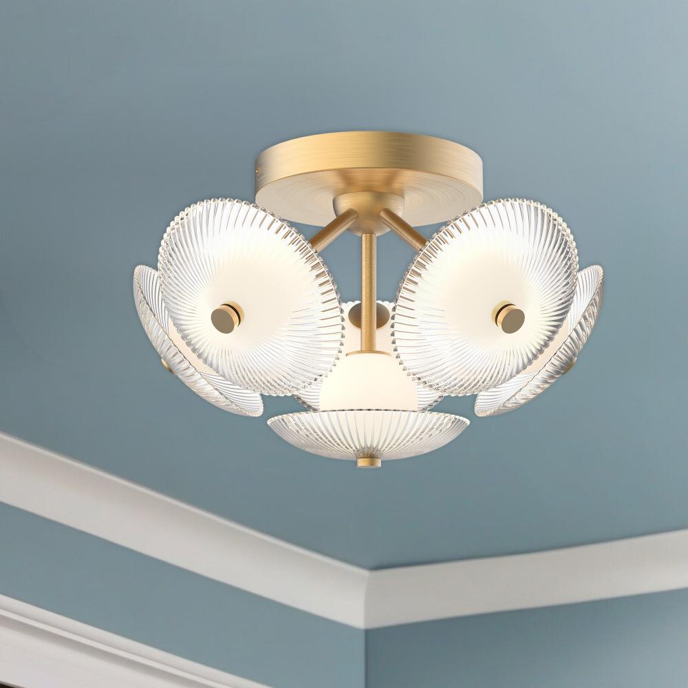 Modern flush mount ceiling light by Alora Lighting featuring a brushed gold finish and radial glass diffusers, ideal for bedrooms, hallways, or entryways