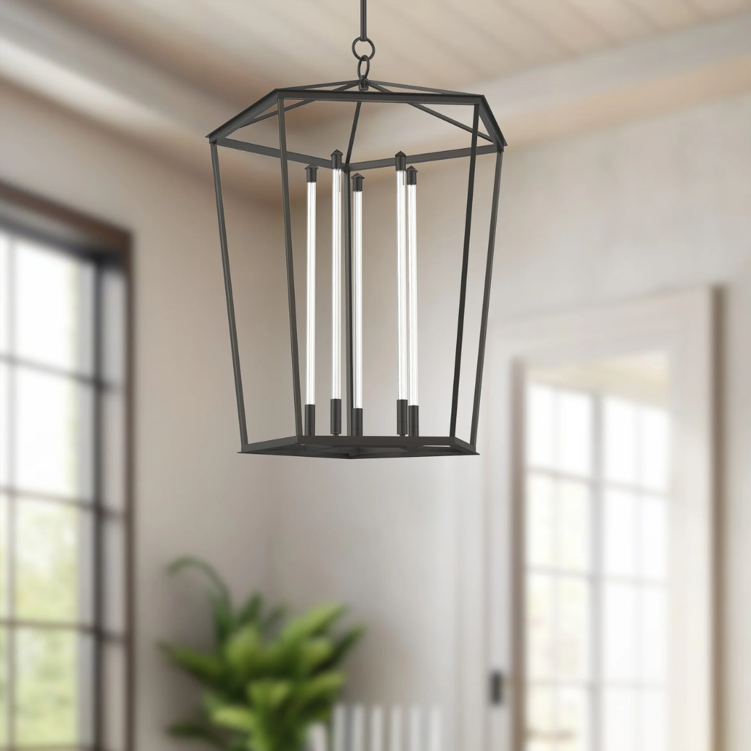 Contemporary black metal foyer pendant by Alora Lighting featuring a geometric open-frame design with vertical LED tubes, perfect for entryways or high ceilings