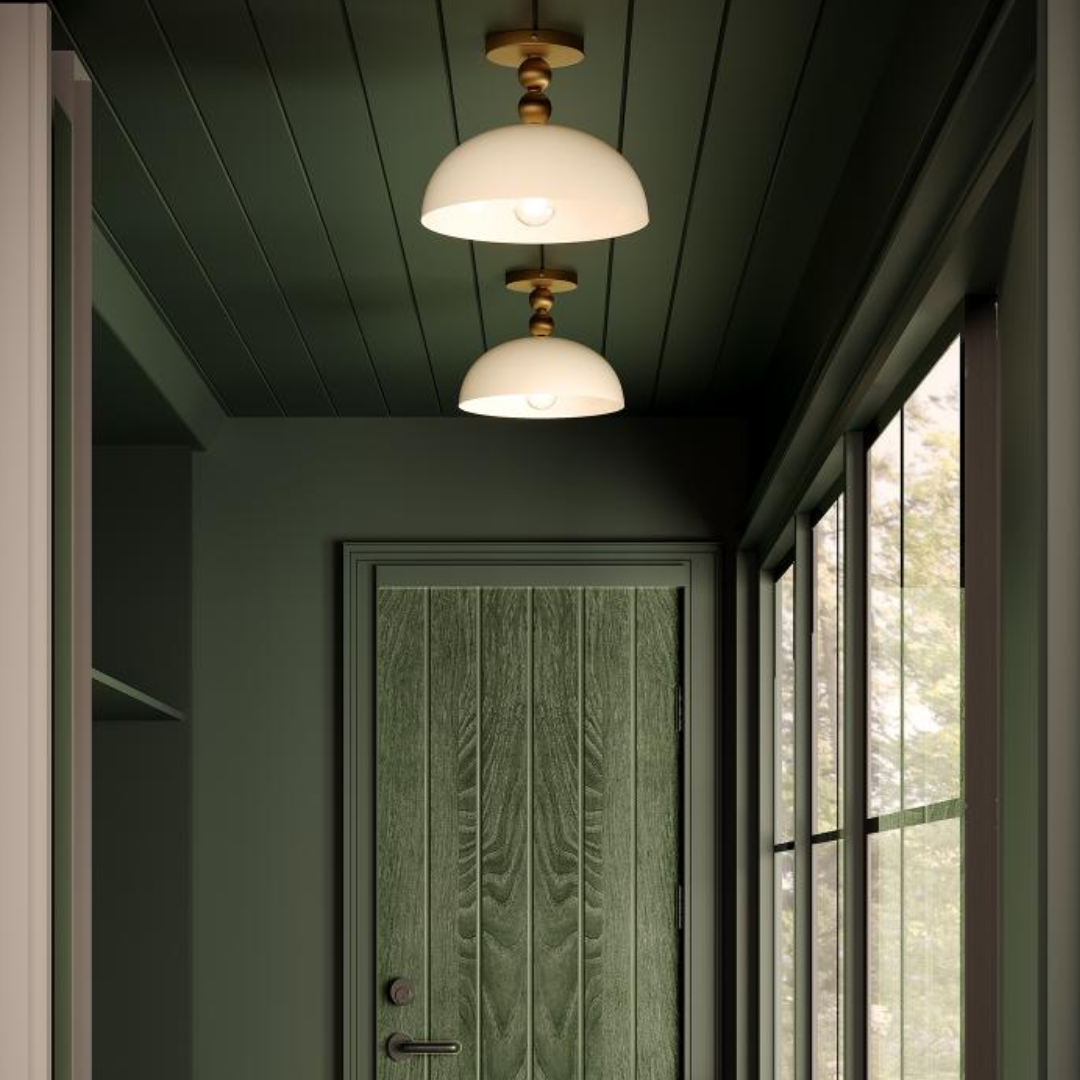 Modern semi-flush mount ceiling lights by Alora Lighting featuring dome-shaped white shades and brass accents, installed in a stylish green entryway hallway