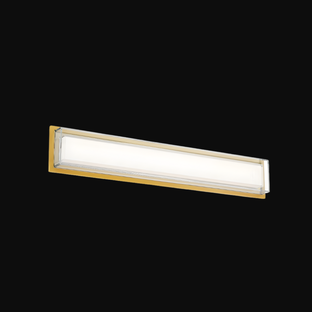 Contemporary linear LED wall sconce with a frosted diffuser and warm brass frame—ideal for modern bathrooms, vanities, or hallway lighting. Shop Norburn Lighting